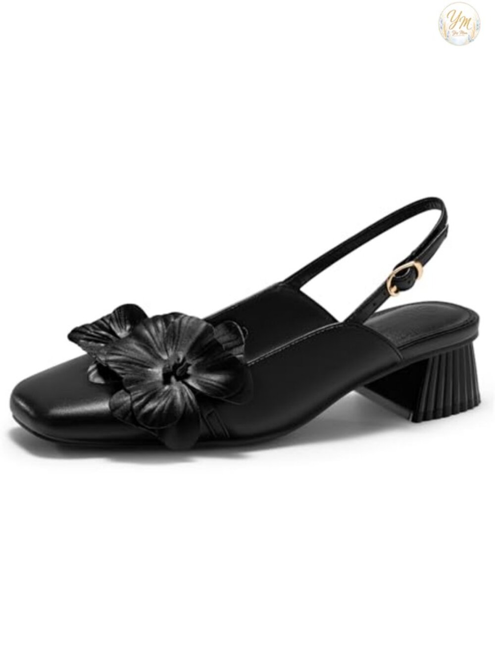 Womens Slingback Chunky Heels Square Toe Pumps Flower Block Heel Dress Shoes